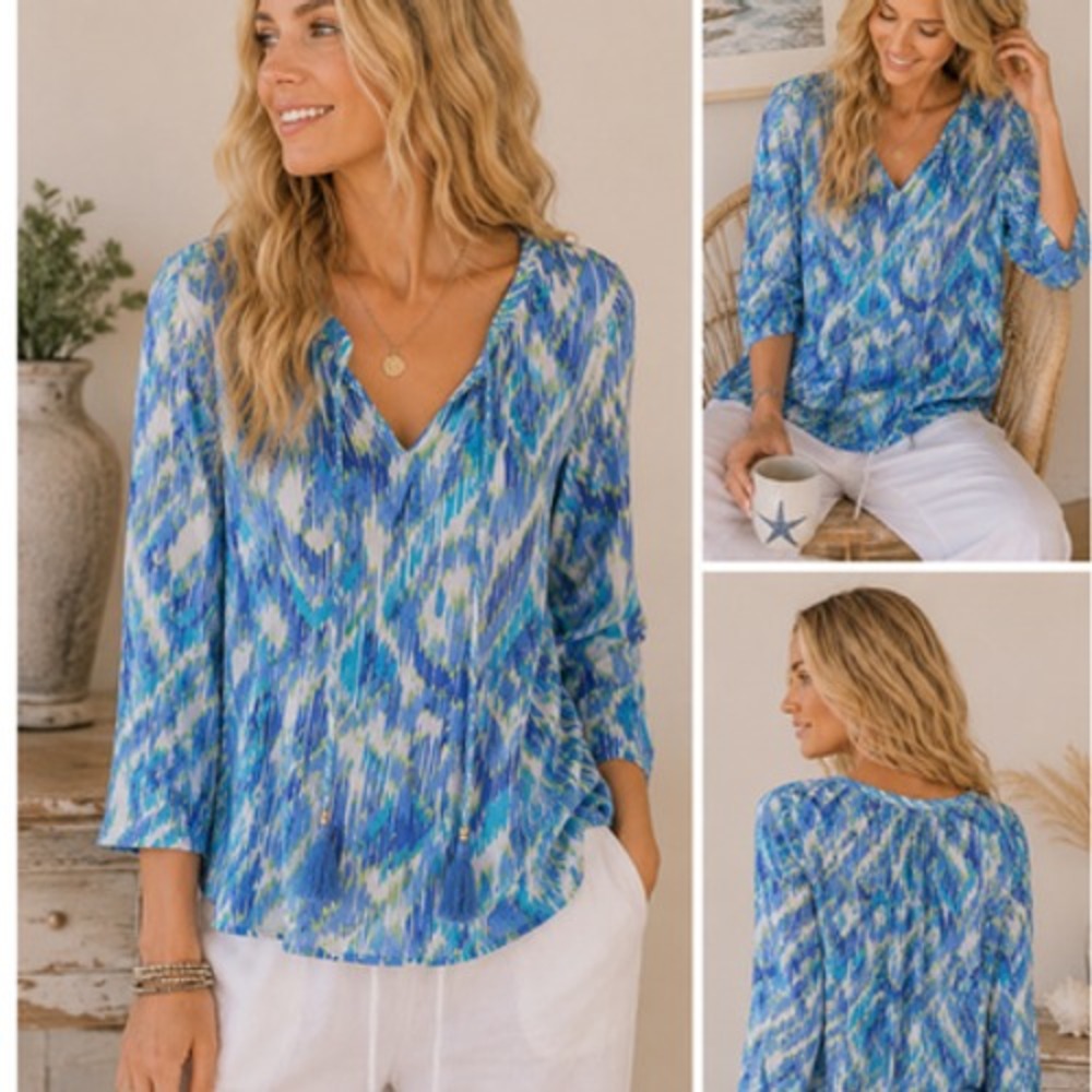 Ruby‎ Rd Boho Tunic Top M – Blue Purple Ikat Print 3/4 Sleeve Tassel Blouse